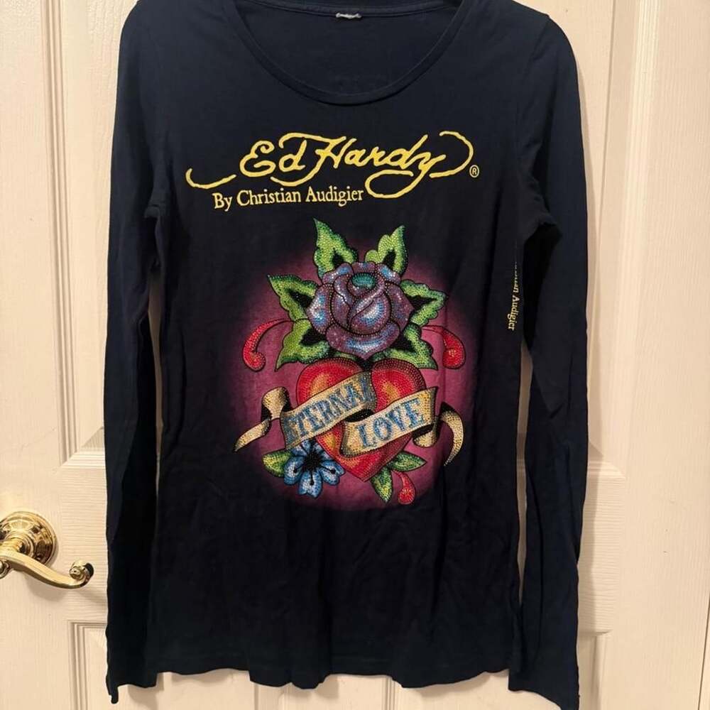 Ed Hardy Long Sleeve Rhinestone Shirt Size M Eternal Love
